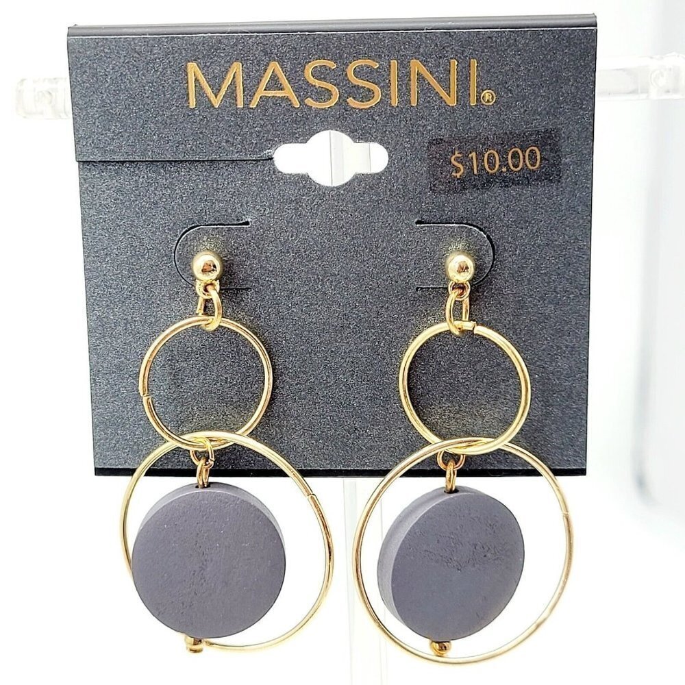 Massini Circular Drop Dangle Earrings Gold Tone Grey Wooden Discs Posts NEW